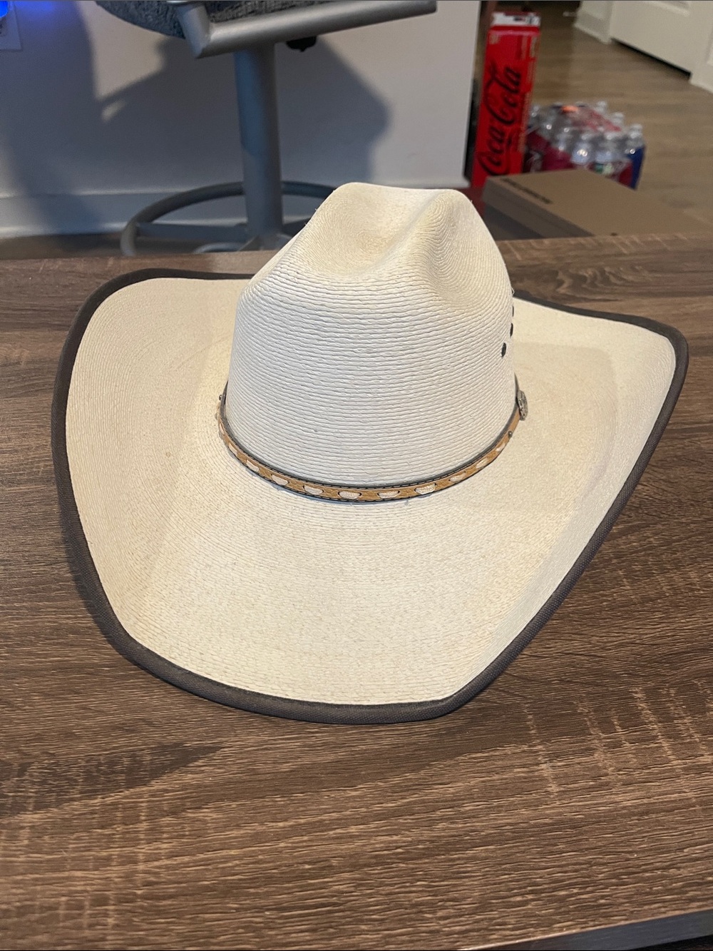 Cavender’s Straw Cowboy Hat with Brown Trim and Decorative Band - 7 5/8